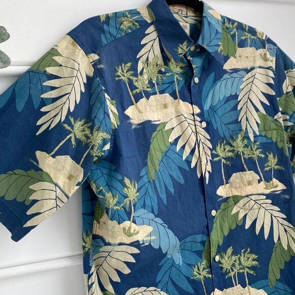 Reyn Spooner Cotton Cardboard Palms Aloha Hawaiian Shirt Blue Green Small - Picture 3 of 11
